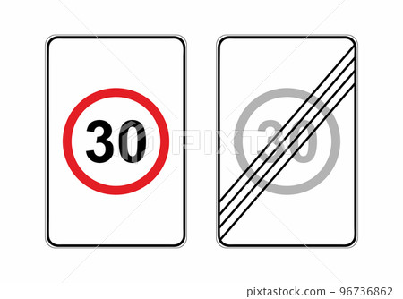 Traffic rules signs speed limit. Speed limit 30 on white background. Sign indicating the prohibition or rule. Vertical template. Vector illustration in flat style. 96736862