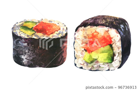 Watercolor set of sushi maki with salmon, avocado and cream cheese. Classic Japonis roll. 96736913