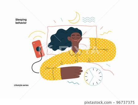 Lifestyle series - Sleeping behaviour - modern flat vector illustration of a woman sleeping in her bed, showing the benefits of good sleeping habit, eight hours normal sleep. People activities concept 96737375