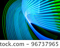 Neon technology stripes. Digital blue and green lines on black background. 96737965