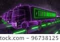 Trucks in neon light with rechargeable batteries. Abstract illustration on the theme of green energy, batteries and environmentally friendly means of cargo delivery 96738125