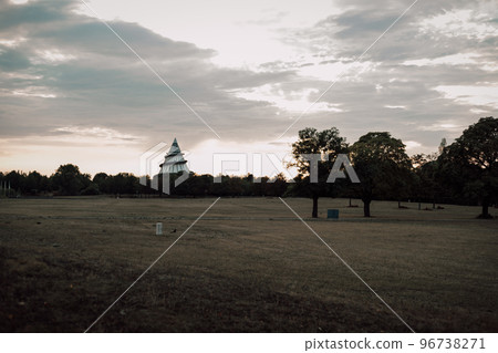 Sunset in the steppe. Cloudy skies in the evening. 96738271