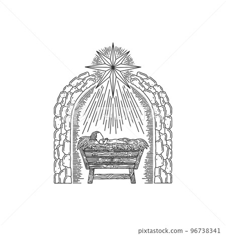 The Nativity Scene. A hand-drawn manger for the baby Jesus. The Star of Bethlehem above the stable where the Savior of the world was born. The Nativity Scene. A hand-drawn manger for the baby Jesus. The Star of Bethlehem above the stable where the Savior of the world was born. 96738341