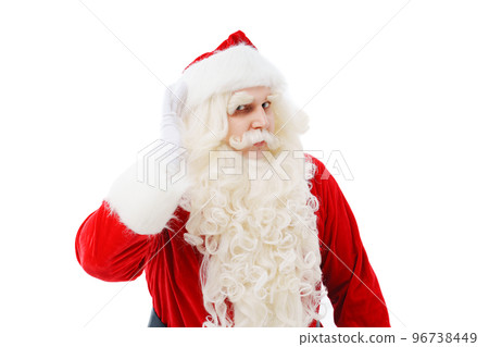 Santa Claus listens with a hand to the ear on a white background Christmas. Santa Claus listens with a hand to the ear on a white background Christmas. 96738449