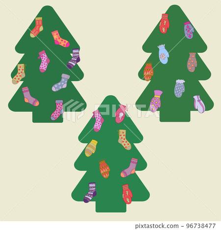 Christmas tree decorated with colourful socks and mittens. 96738477