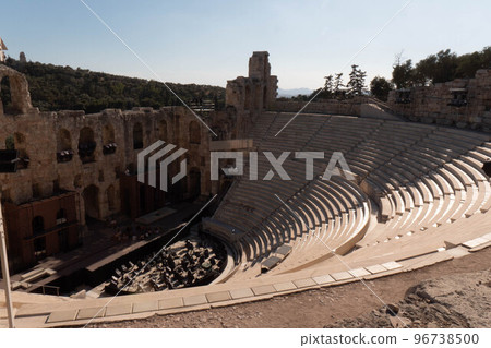 Ancient theater of Dionysus seen from the hill of Athens Acropolis, Greece 96738500