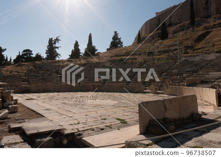 Ancient theater of Dionysus seen from the hill of Athens Acropolis, Greece 96738507