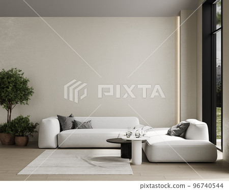 Stylish living room interior mock up, modern living room interior background, white sofa, coffee table and plant, 3d rendering 96740544