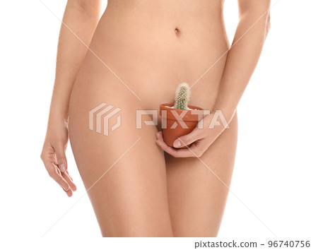 Woman with cactus showing smooth skin on white background, closeup. Brazilian bikini epilation 96740756