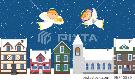 Christmas Angels above Town in Sky, Winter Holiday Christmas Angels above Town in Sky, Winter Holiday 96740889