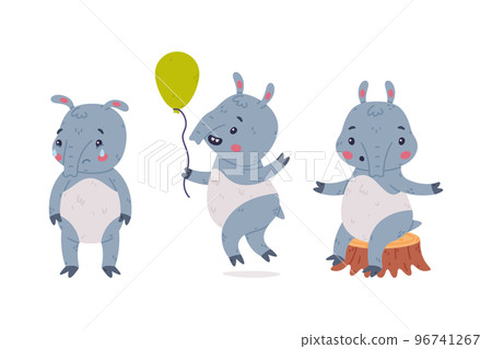 Cute Grey Tapir Animal with Proboscis with Balloon, Crying and Sitting on Tree Stump Vector Set Cute Grey Tapir Animal with Proboscis with Balloon, Crying and Sitting on Tree Stump Vector Set 96741267