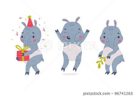 Cute Grey Tapir Animal with Proboscis Holding Gift Box and Jumping Vector Set Cute Grey Tapir Animal with Proboscis Holding Gift Box and Jumping Vector Set 96741268