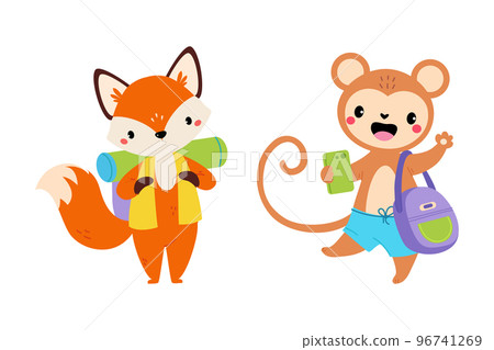 Cute Fox and Monkey Traveler with Smartphone and Bag Having Journey on Vacation Vector Set 96741269