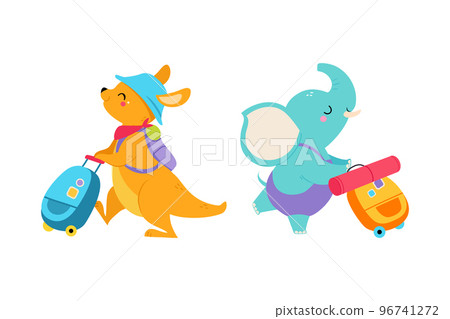 Cute Kangaroo and Elephant Traveler with Suitcase Having Journey on Vacation Vector Set Cute Kangaroo and Elephant Traveler with Suitcase Having Journey on Vacation Vector Set 96741272