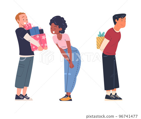 Happy Man and Woman Character Giving Gift Box for Holiday Congratulation Vector Set Happy Man and Woman Character Giving Gift Box for Holiday Congratulation Vector Set 96741477