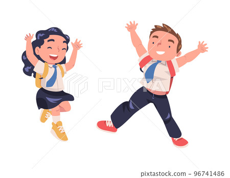 Happy Boy and Girl Pupil in Uniform with Tie and Backpack Jumping with Joy Excited About Back to School Vector Set Happy Boy and Girl Pupil in Uniform with Tie and Backpack Jumping with Joy Excited About Back to School Vector Set 96741486