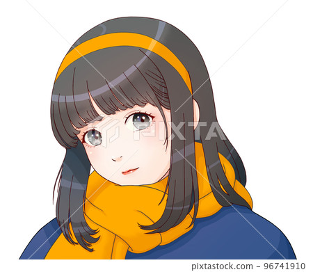 A girl wearing a headband and muffler, clothes = navy blue, muffler = orange, hair = black 96741910