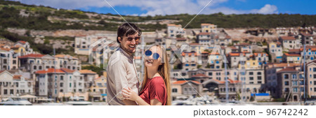 BANNER, LONG FORMAT Couple in love tourists enjoying the views of Architecture and luxury yachts in Lustica Bay, Montenegro. Travel around Montenegro concept. Go Everywhere BANNER, LONG FORMAT Couple in love tourists enjoying the views of Architecture and luxury yachts in Lustica Bay, Montenegro. Travel around Montenegro concept. Go Everywhere 96742242