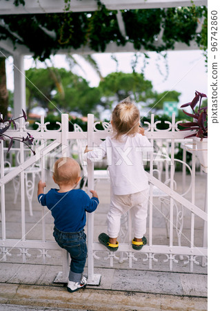 Little boy and girl are standing on a pergola fence. Back view. High quality photo 96742860