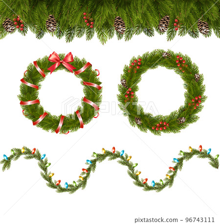Christmas tree branches and garland with colorful light bulbs the shape of a wavy line. Transparent decorative garland. Christmas Wreath with ribbons and pines. Vecto 96743111
