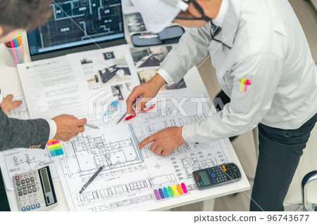 First-class architect drawing standing meeting construction site construction supervisor site regular meeting First-class architect drawing standing meeting construction site construction supervisor site regular meeting 96743677