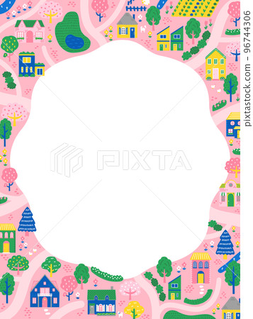 手繪街景（鳥瞰圖）畫框/背景素材（豎向） 96744306