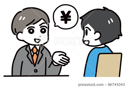 A suspicious salesman and a young man (upper body) talking about money 96745043