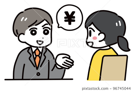 A suspicious salesman and a young woman talking about money (upper body) 96745044