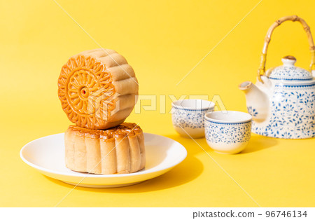 Chinese moon cake on plate Chinese moon cake on plate 96746134