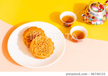 Chinese moon cake on plate Chinese moon cake on plate 96746135