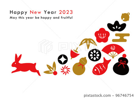 帶有幸運圖標和兔子剪影的新年賀卡 帶有幸運圖標和兔子剪影的新年賀卡 96746754
