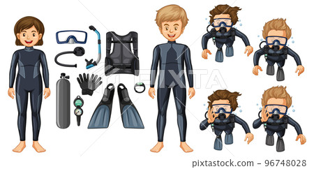 Set of scuba diving cartoon character and diving tools 96748028