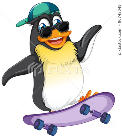 Cute penguin cartoon character skateboarding 96748049