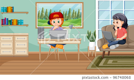 At home scene with children using their laptops At home scene with children using their laptops 96748068