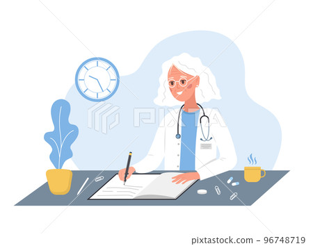 Female doctor writing medical prescription. Elderly woman in white coat sitting at table and write recipe for patient. Healthcare and pharmacy concept. Vector illustration in flat cartoon style Female doctor writing medical prescription. Elderly woman in white coat sitting at table and write recipe for patient. Healthcare and pharmacy concept. Vector illustration in flat cartoon style 96748719