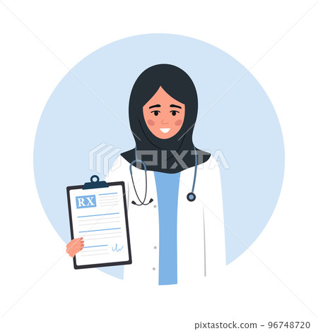 Medical prescription. Arab female doctor in uniform and hijab holding clipboard with recipe for patient. Healthcare, treatment and pharmacy concept. Vector illustration in flat cartoon style 96748720