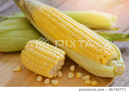 Fresh corn on wooden background, Harvest ripe corn organic, Corn on the cob, Sweet corn for cooking food Fresh corn on wooden background, Harvest ripe corn organic, Corn on the cob, Sweet corn for cooking food 96748771