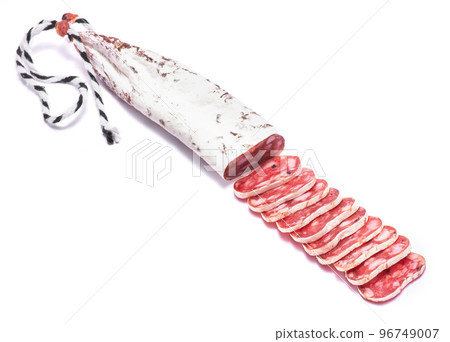 Spanish Fuet thin dried salami sausage isolated on a white background Spanish Fuet thin dried salami sausage isolated on a white background 96749007