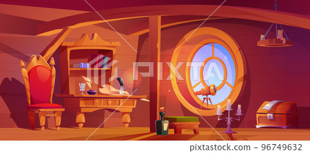 Pirate captain ship cabin, wooden room interior 96749632