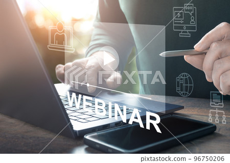 Webinar online. Hand use E-business Browsing Connection on laptop. online seminar. hand typing on laptop with online conference screen. White webinar text over man working on computer 96750206