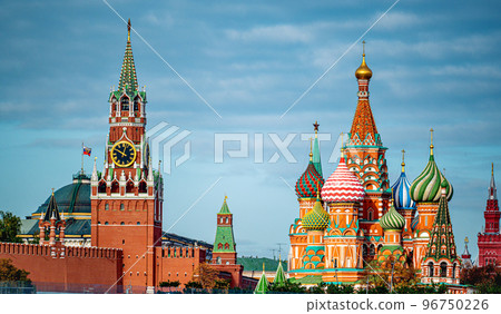 Moscow Kremlin and St Basil's cathedral, Russia. Beautiful panorama of Moscow city center in 2022 2023 years 96750226