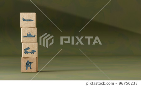 Military equipment wooden block icons on with camouflage background. Comparison of number of different types of weapons. Army war battle conflict weapons tank, aircraft, artillery, Navy, airforce 96750235