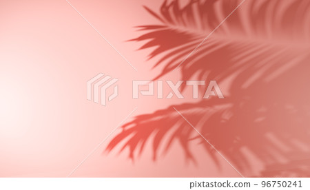 Shadow tropical leaves of palm or fern on pastel pink background. Trendy style for design. Blurred palm leaf shadow wall soft pink background. copy space 96750241