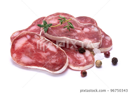 slices of Spanish Fuet thin dried salami sausage isolated on a white background 96750343