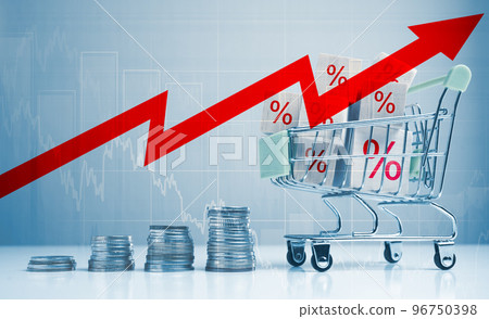 Global crisis inflation and rising prices. Small shopping cart with Stacked coins and growth graph. World cost rising concept. Percentage cubes in supermarket trolley Global crisis inflation and rising prices. Small shopping cart with Stacked coins and growth graph. World cost rising concept. Percentage cubes in supermarket trolley 96750398
