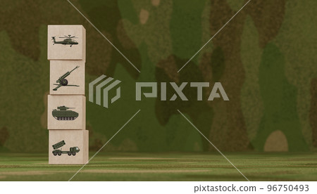 Military equipment wooden block icons on with camouflage background. copy space Army war battle conflict weapons of tank, aircraft, artillery, Navy, airforce and armed special forces Military equipment wooden block icons on with camouflage background. copy space Army war battle conflict weapons of tank, aircraft, artillery, Navy, airforce and armed special forces 96750493