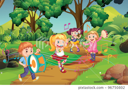 Scene with children playing instrument in the park Scene with children playing instrument in the park 96750802