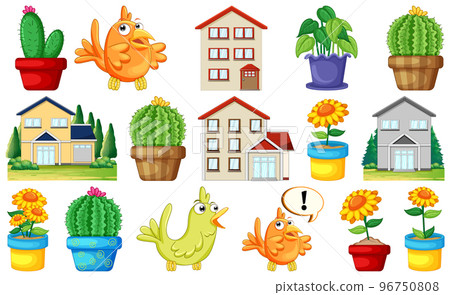 Different house designs and cute birds 96750808