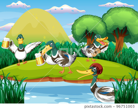 Outdoor scene with cartoon ducks 96751003