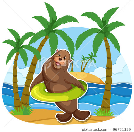 Sea lion cartoon character at the beach Sea lion cartoon character at the beach 96751339